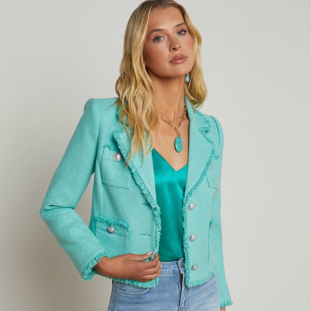 L'Agence Sylvia Tweed Aqua Blue Cropped Jacket NWT
